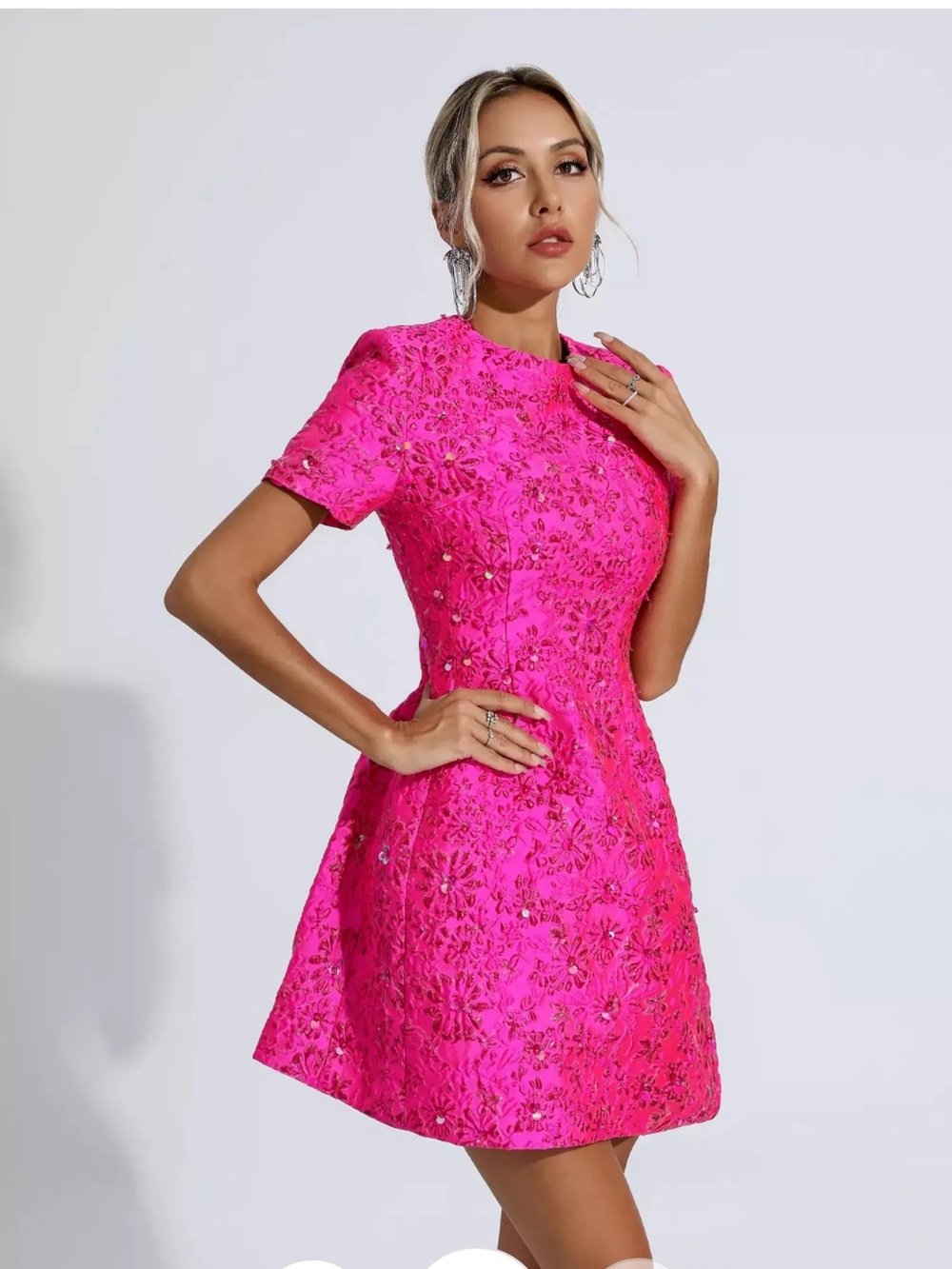 CATCHALL Astrid Pink Jacquard Floral Mini Dress - Picture 2 of 5